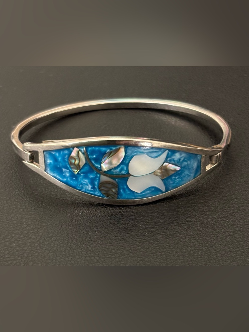 Vintage Mexico Alpaca Floral Abalone & Turquoise Inlay Hinged Bangle Bracelet